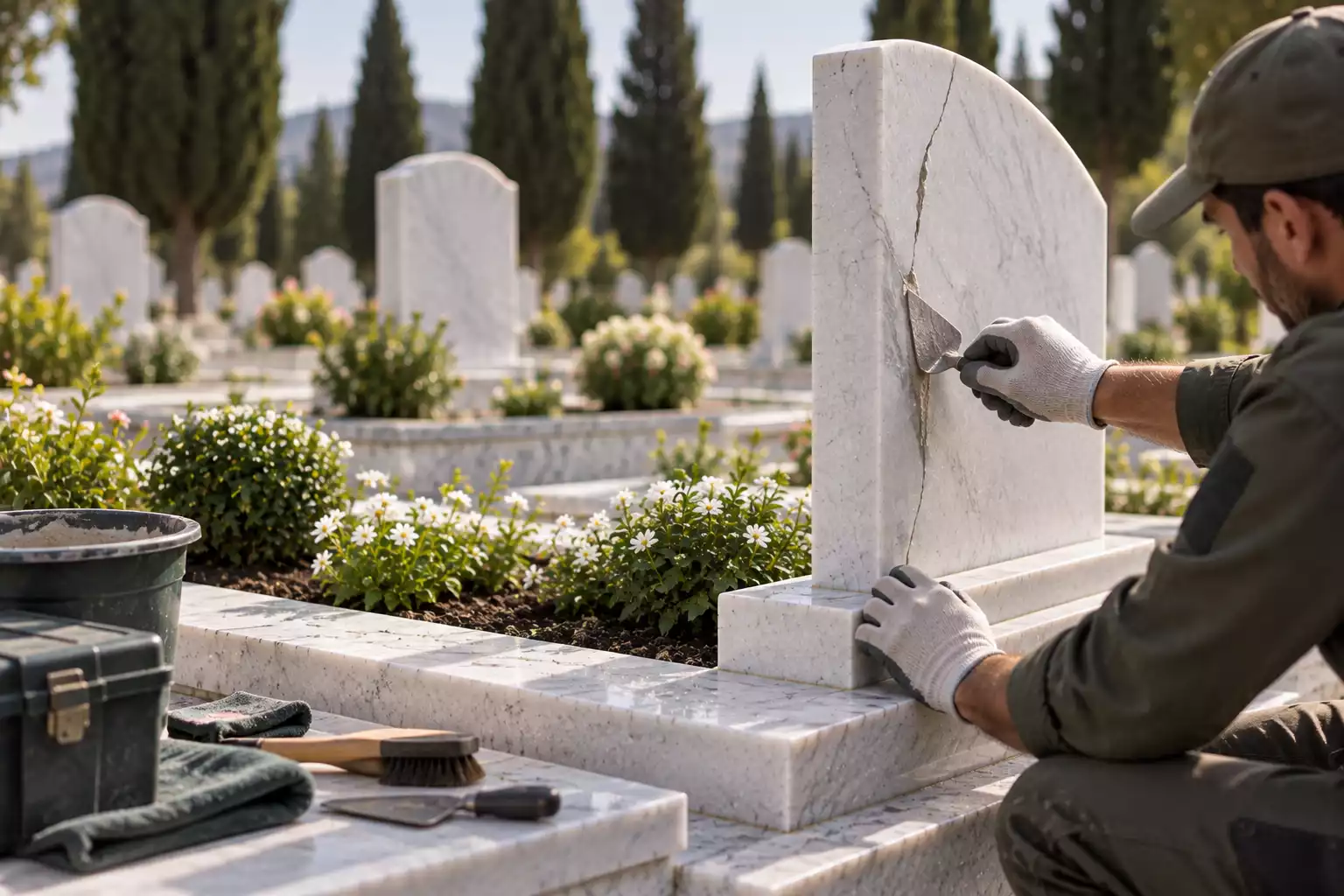 Mezar taşındaki hasarın onarım işlemi